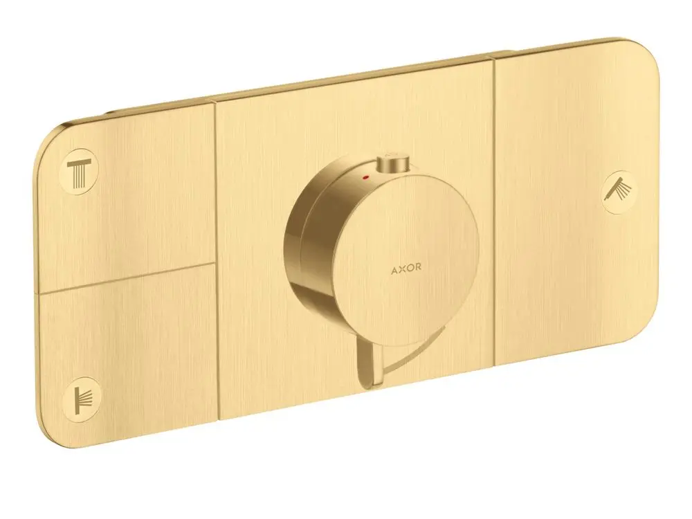 Thermostatmodul in Bürstenmessing-Optik, geeignet für die Unterputzmontage. Enthält einen Rundregler in der Mitte und Bedienelemente für drei Verbraucher von AXOR.